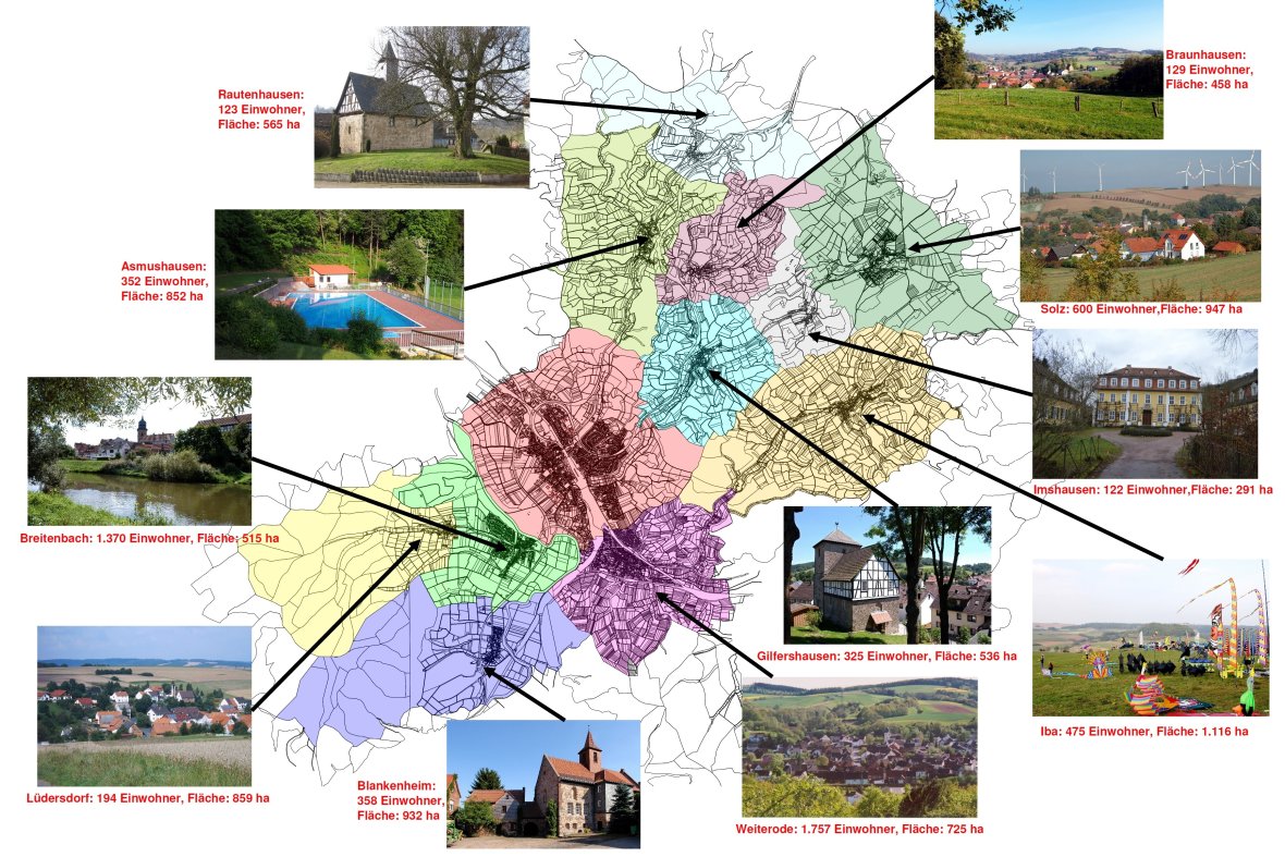 Karte der 11 Ortsteile der Stadt Bebra
