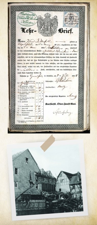 Fotocollage des Lehrbriefes von Hermann Döllefeld und des zerstörten Hauses der Familie
