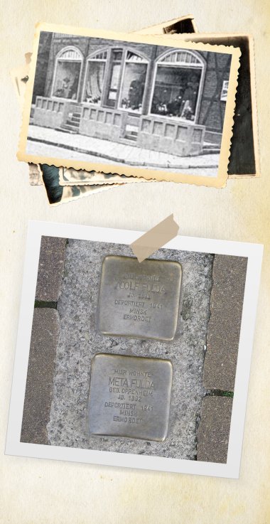 Foto-Collage aus einer historische Aufnahme des Wohnhauses sowie der Stolpersteine