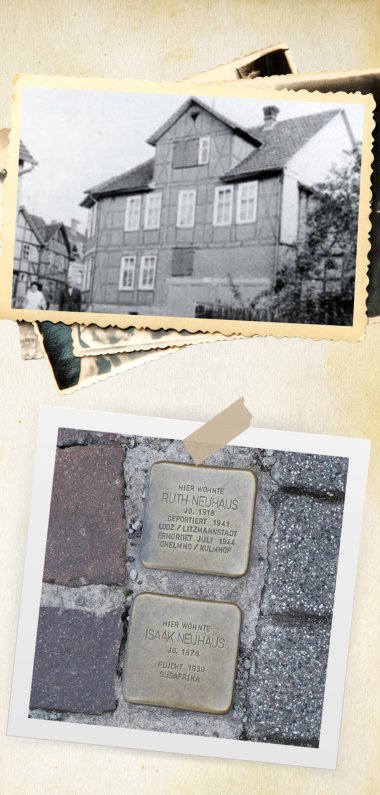 Foto-Collage des Hauses in der Amalienstraße und der Stolprrsteine, die heute an die Familie Neuhaus erinnern