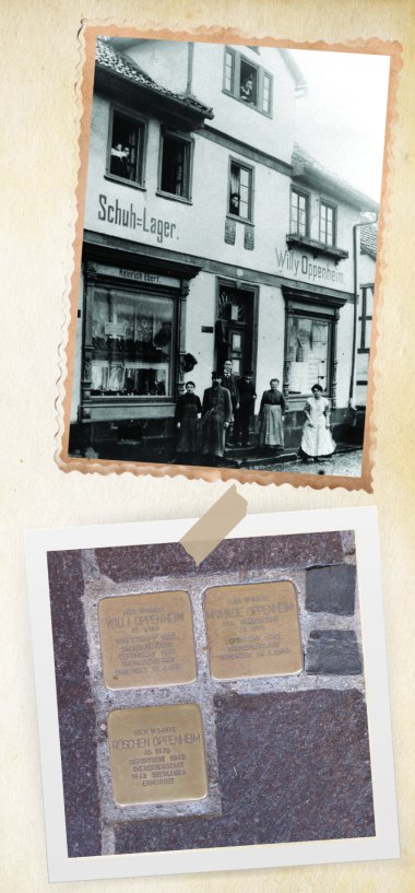 Collage das Haus in der Nürnberger Straße 36 vor dem heute die Stolpersteine verlegt sind